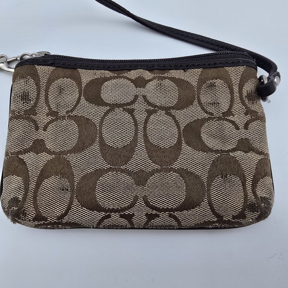 Coach Signature Brown Wristlet Pouch Bag With Zipper Closure & Strap